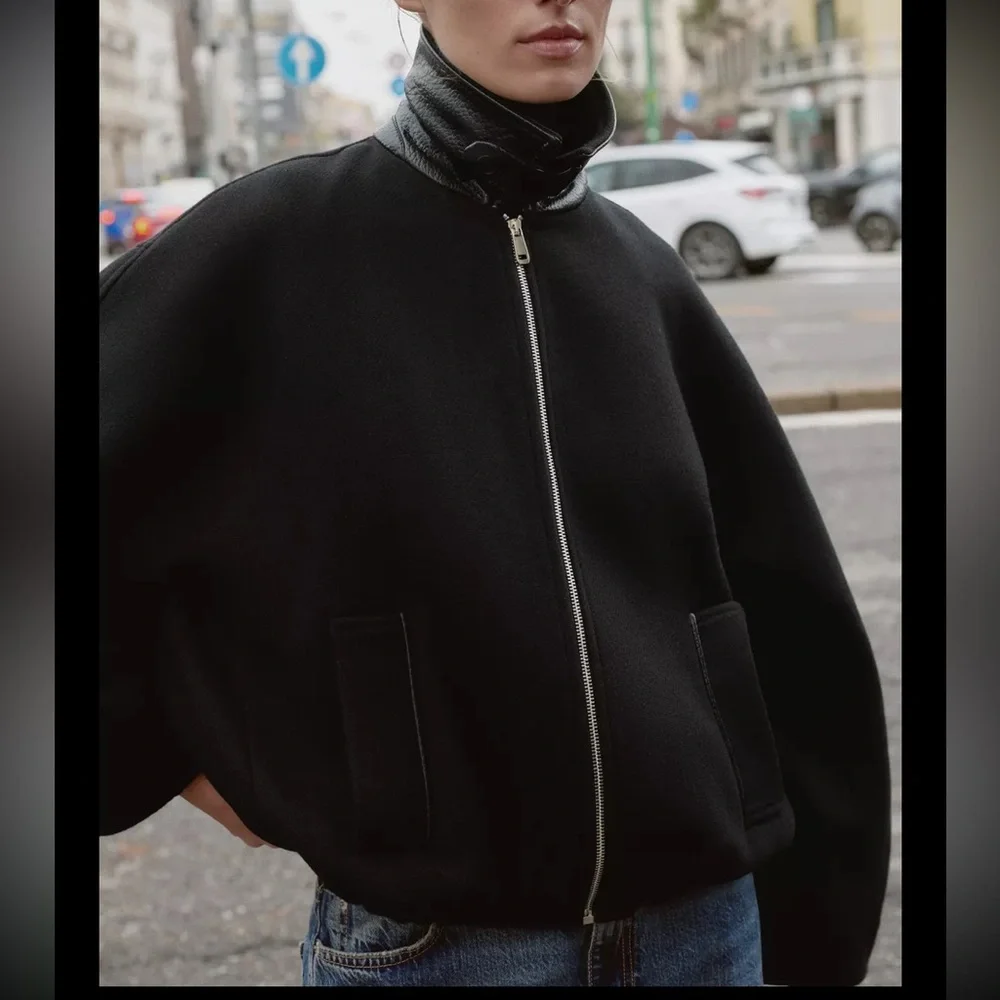 Zara CONTRAST COLLAR WOOL BALLOON BOMBER JACKET - Picture 8 of 12